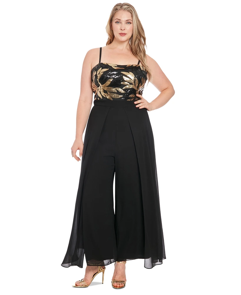 London Times Plus Size Sequined Overlay Jumpsuit