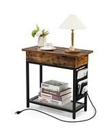 Gymax End Table with Charging Station Industrial Nightstand Flip Top Side Pocket Usb