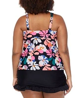 Raisins Curve Trendy Plus Size Rimini Printed Tankini Top Echo Ruffled Swim Skirt