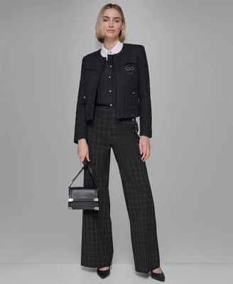 Karl Lagerfeld Paris Bow Trim Tweed Jacket Pintucked Blouse Wide Leg Pants