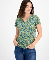 Style & Co Women's Printed Short-Sleeve Henley T-Shirt, Exclusively at Macy's