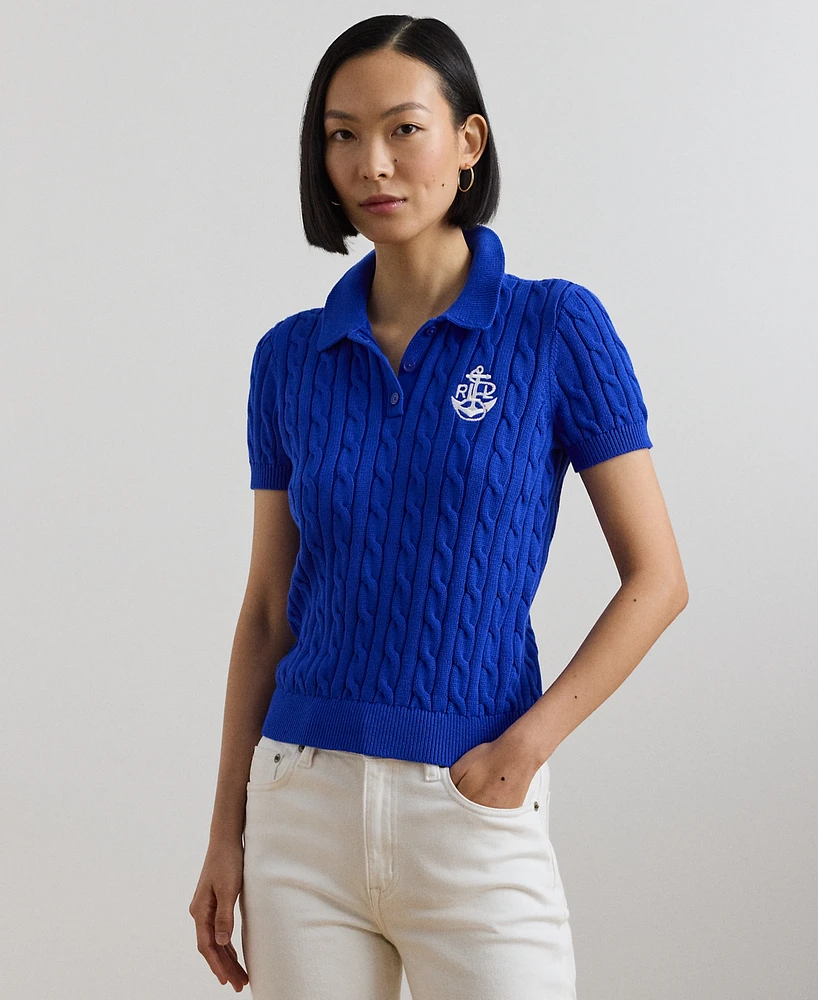 Lauren Ralph Petite Anchor-Logo Cable-Knit Polo Sweater