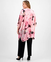 Anne Klein Plus Size Chiffon Kimono Printed Boat Neckline Blouse Pull On Mid Rise Wide Leg Pants