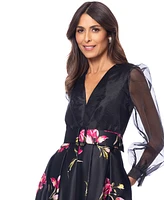 Betsy & Adam Women's Organza-Sleeve Floral Belted Gown