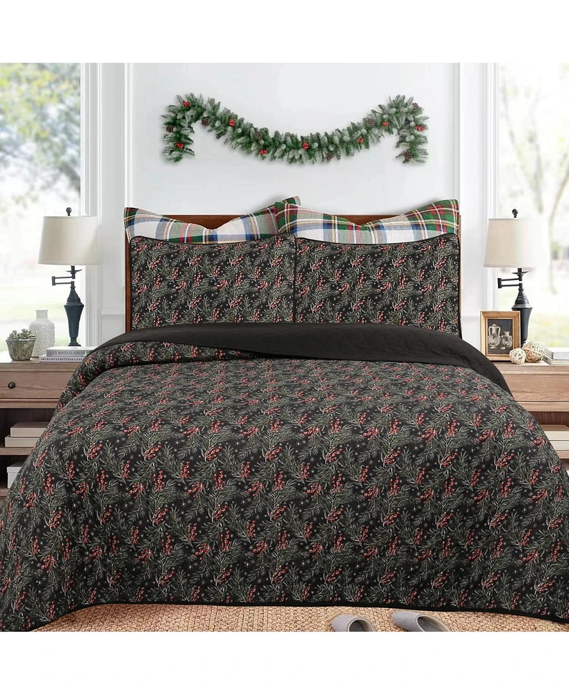 MarCielo 3 Pcs Festive Christmas Quilt Bedspread Set Holiday Bedding Holly Berry Tree King