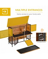 48" 2-Story Large Rabbit Hutch Bunny Cage Wooden Pet House Metal Frame with Individual Room, Ramp, No Leak Tray, Feeding Trough, Waterproof Aspha