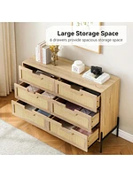 gaomon 6 Drawers Dresser For Bedroom, Natural Rattan Drawer With Spacious Storage, Wood Chest Of Drawers With Metal Legs For Bedroom, Living Room