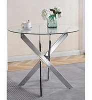 Dining Table with cross metal leg and tempered glass,Modern Space Saving Kitchen Table for Living Room,chrome legs