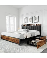 gaomon King Size Bed Frame with Storage Linen Upholstered Headboard, 4 Drawers Platform Bed Frame