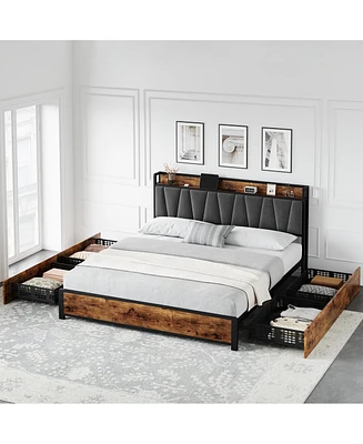 gaomon King Size Bed Frame with Storage Linen Upholstered Headboard, 4 Drawers Platform Bed Frame