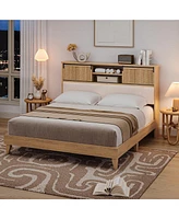 gaomon Rattan Full Bed Frame with Sliding Door Shelf Headboard