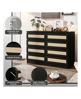 8 Drawer Double Dresser For Bedroom, Rattan Chest Of Dressers