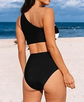 Cupshe Women's Asymmetrical Color Block High-Waisted Bikini Set