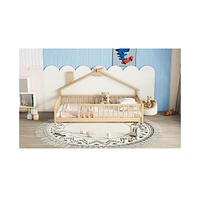 Slickblue Twin House-Shaped Bedside Floor Bed with Guardrails, Slats, without Door