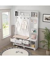 Multi-purpose Hallway Hall Tree with Removable Linen Cushioned Entryway Bench, Coat Rack, Storage Shelves, and Diy Pegboard,for Hallways, Living Room,