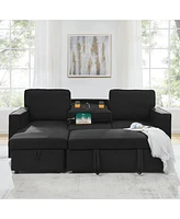 Streamdale Furniture Linen Upholstered Sleeper Sectional Sofa, Shaped Modular Convertible Sofa with Storage Chaise,There are two cup holders in the mi