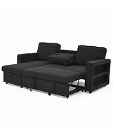 Streamdale Furniture Linen Upholstered Sleeper Sectional Sofa, Shaped Modular Convertible Sofa with Storage Chaise,There are two cup holders in the mi