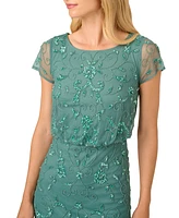 Adrianna Papell Women's Boat-Neck Short-Sleeve Beaded Blouson Gown