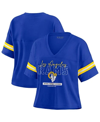 Wear by Erin Andrews Women's Royal Los Angeles Rams Color Block Boxy Modest Crop V-neck T-shirt