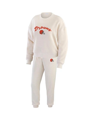 Wear by Erin Andrews Women's Cream Cleveland Browns Knitted Tri-blend Long Sleeve T-shirt Pants Lounge Set