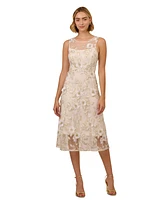 Adrianna Papell Women's Floral Embroidery Illusion Fit & Flare Midi Dress