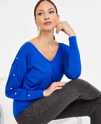 I.n.c. International Concepts Women's Double V-Neck Rhinestone-Sleeve Top