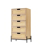 gaomon Modern Rattan 5 Drawers Dresser, Double Dresser For Bedroom