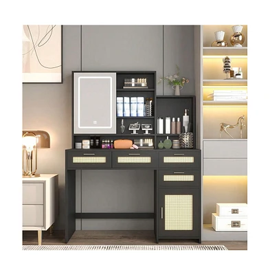 gaomon Makeup Vanity With Lights 3 Colors And Openable Mirror, Desk 4 Drawers, 1 Cabinets Shelves, Table Rattan Dress