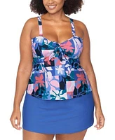 Raisins Curve Trendy Plus Size Zanzibar Tie Front Underwire Tankini Top Bravo Tummy Control Swim Skirt