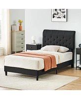 gaomon Twin Size Bed Frame with Curved Upholstered Headboard, Platform Bed Frame with Adjustable Button Tufted Headboard