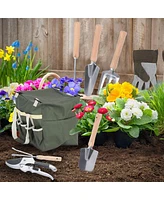 Slickblue 9PCS Garden Tools Set with Ergonomic Wooden Handles and Sturdy Stool with Detachable Tool Bag