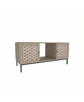 Elegant Veener Weaving Design Coffee Table with 4 Sliding Door, Wooden Center Rectangular Table with Symmetrical Design Storage Cabinet