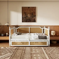 Traditional Style Rattan Twin Size Daybed with 2 Drawers for Limited Space, Guest Room, No Box Spring Needed,Antique White