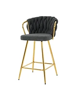 Streamdale Furniture Modern design High stool Gold Plated legs Kitchen Dining Dark grey linen bar chair, suitable for Cafe Bar Restaurant (set of 2)