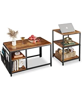 Coffee Table for Living Room, Coffee Table Set of 2 with End Table,Small Industrial Coffee Table with Side Table,Metal Frame and Wood Desktop