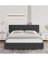 gaomon Queen Bed Frame with Charging Station,Tufted Upholstered Headboard