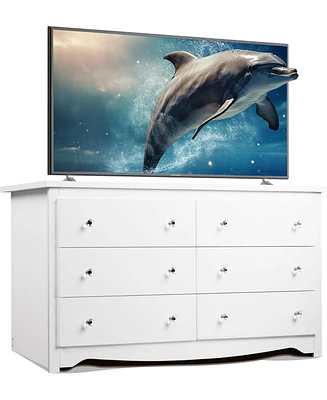 Wlive Wood Dresser With 6 Drawer Wide Chest Of Drawers For Bedroom Long Nightstand With Drawers Oak Furniture Large Storage Tower Unit Closet Store Or