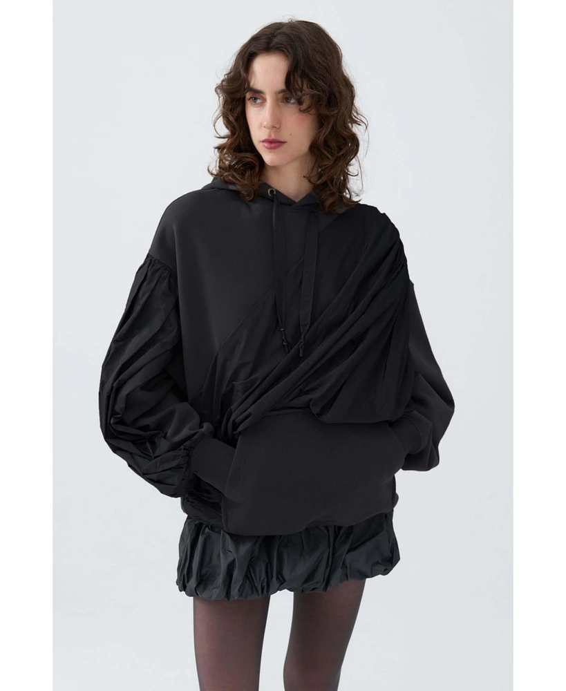 Nocturne Women's Hooded Sweatshirt with Taffeta Drape Detail