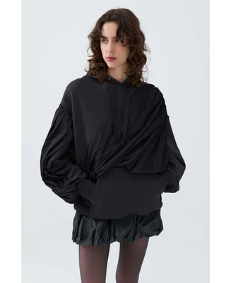 Nocturne Women's Hooded Sweatshirt with Taffeta Drape Detail