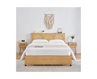 gaomon Rattan Full Size Bed Frame with Natural Rattan Headboard and Storage Drawers, Full Bed Frame with Led Strips and Strong Woode Slats Support