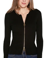 Belldini Women's Black Label Ribbed Double-Zip Cardigan Sweater