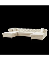 135.5-inch Modern Style Chenille Three Piece Sofa, Pull Point Design U-shaped Sofa two Chaise Longue Seats, two Pillows and Wooden feet