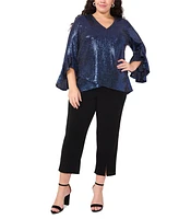 Msk Plus V-Neck Bell-Sleeve Sequin-Knit Top