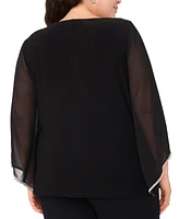 Msk Plus Long-Sleeve Rhinestone-Trim Keyhole-Neck Top