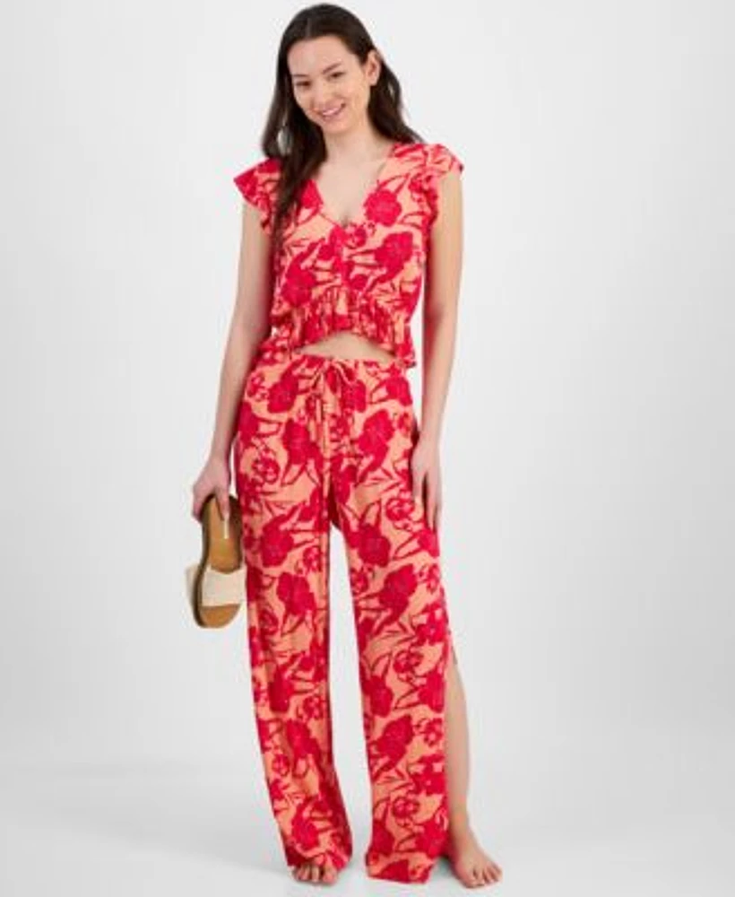 Miken Juniors Printed Ruffled Cover Up Top Printed Side Slit Cover Up Pants Exclusively At Macys