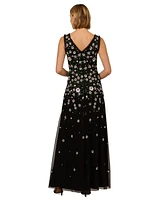 Adrianna Papell Women's Floral Beaded Mesh Long Ball Gown