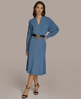 Donna Karan New York Women's V-Neck Belted Long-Sleeve Dress