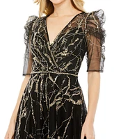 Mac Duggal Women's Embellished Gathered Puff Sleeve Faux Wrap Gown