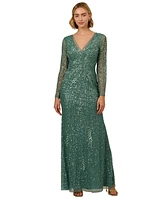 Adrianna Papell Women's Long-Sleeve Beaded Full-Length Gown