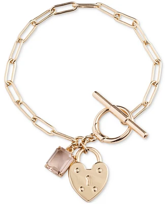 Lauren Ralph Lauren Gold-Tone Heart Lock & Rectangle Crystal Charm Link Bracelet